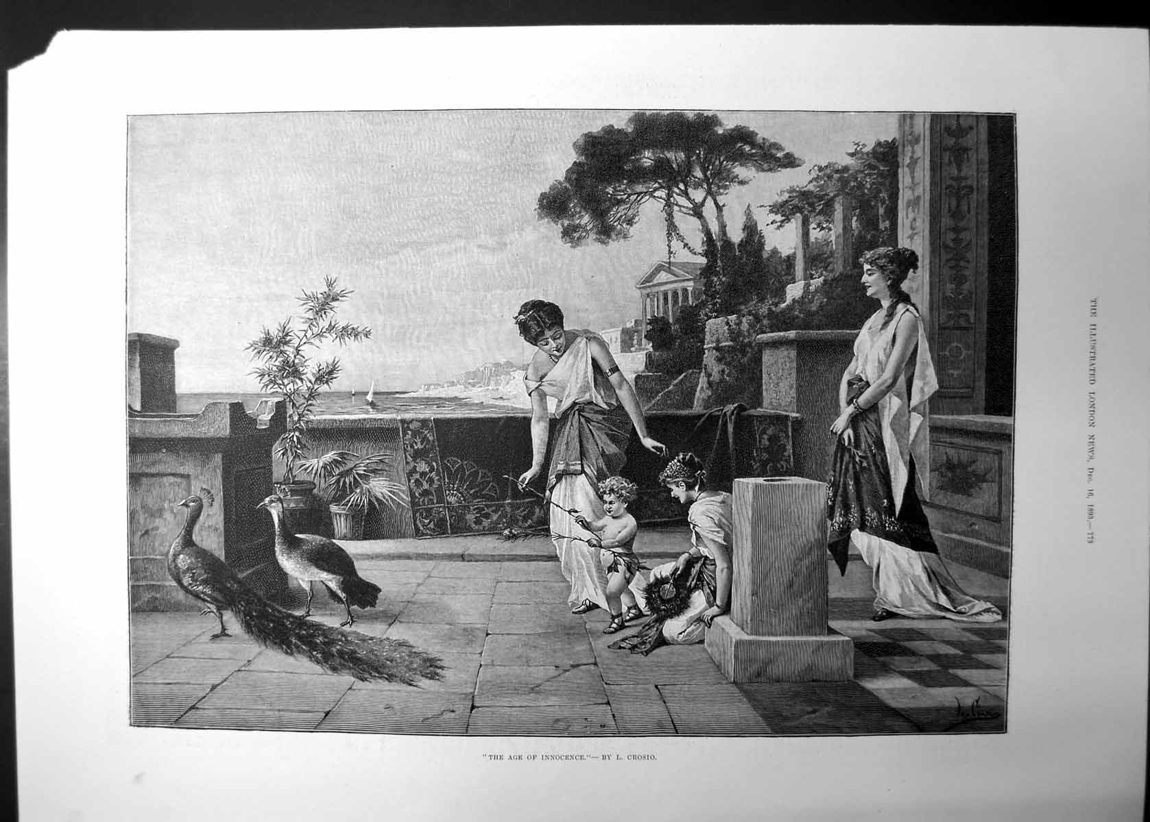 Original Old Antique Print Age Innocence L Crosio Ladies Children Peacocks 1893
