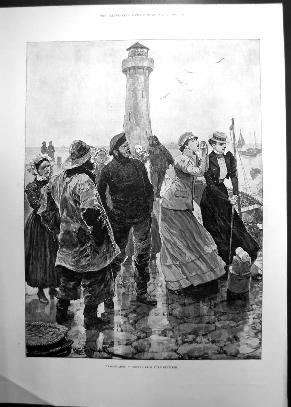 Original Old Antique Print Yacht Ahoy R Woodville Group At Lighthouse 1893 19th