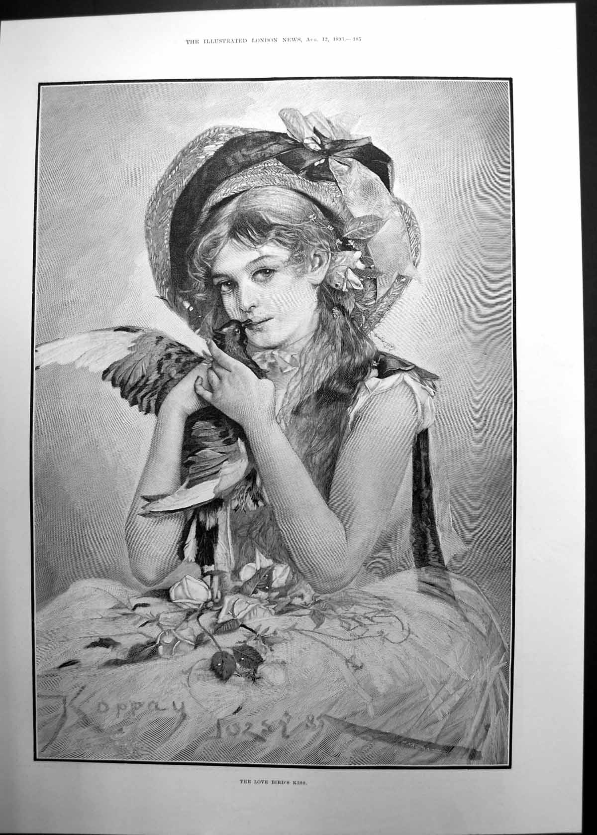 Original Old Antique Print Love Birds Kiss Koppay Young Girl Kissing Bird 1893