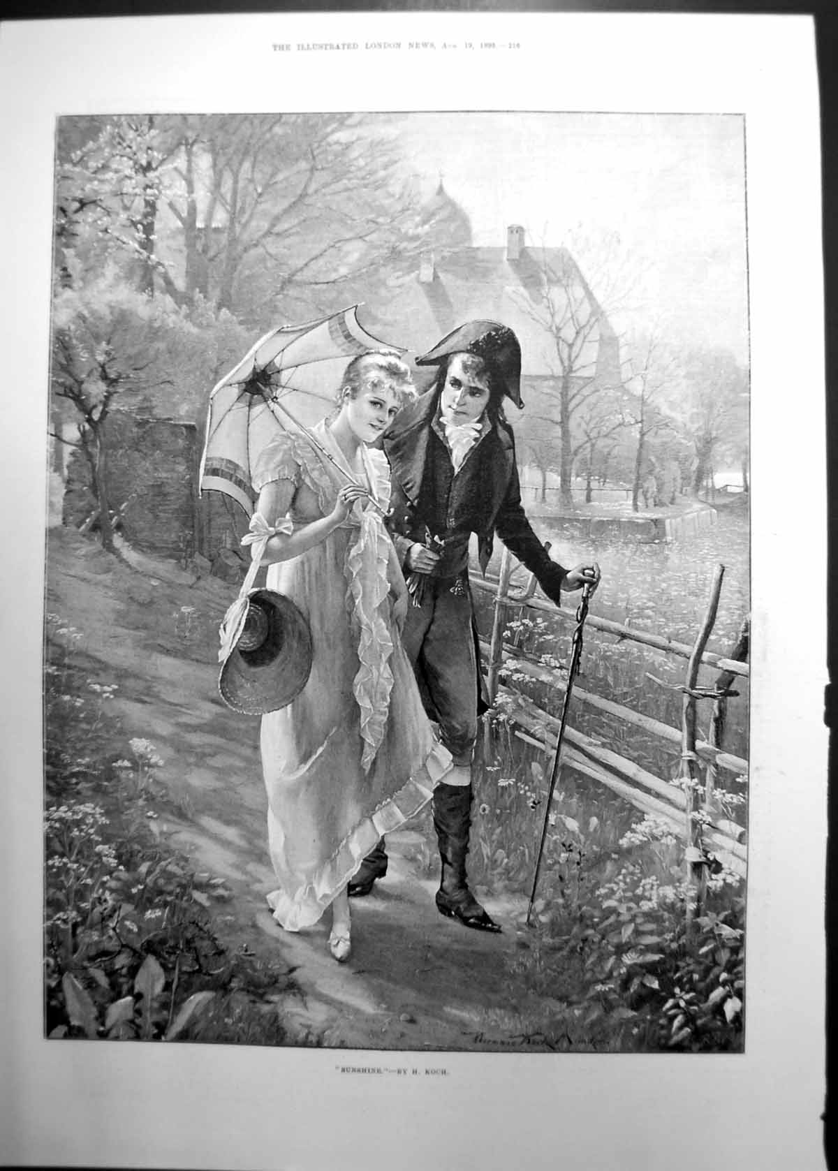 Antique Print Sunshine By H Koch Young Couple Strolling In Countryside 1893