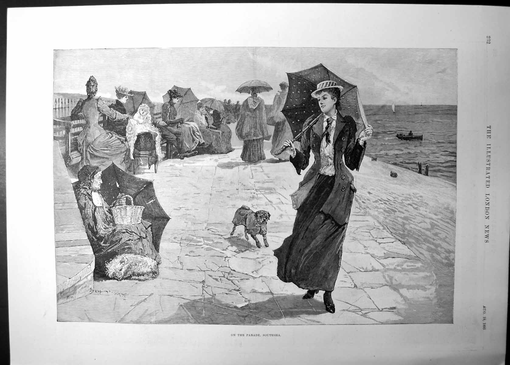 Original Old Antique Print On Parade Southsea Seppings Wright 1893 Victorian