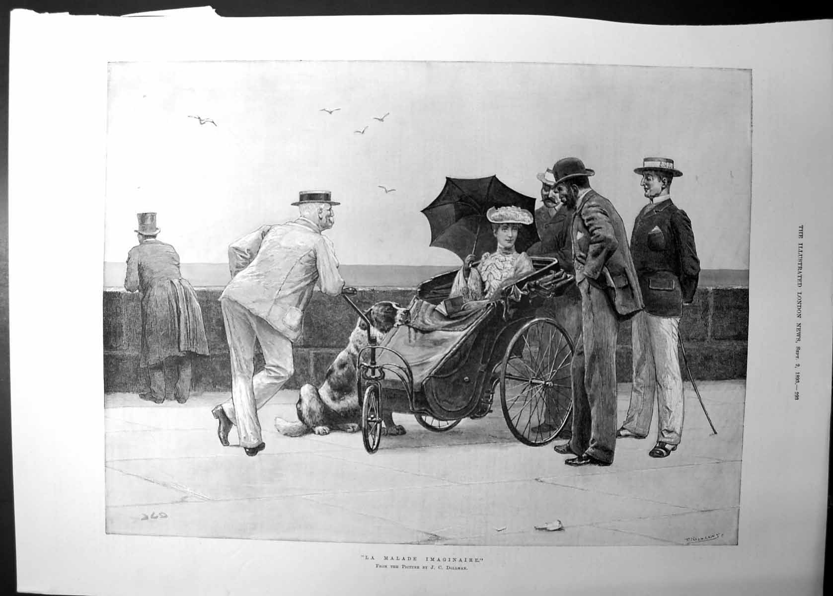 Antique Old Print La Malade Imaginaire J C Dollman Lady Gents Seaside 1893 19th