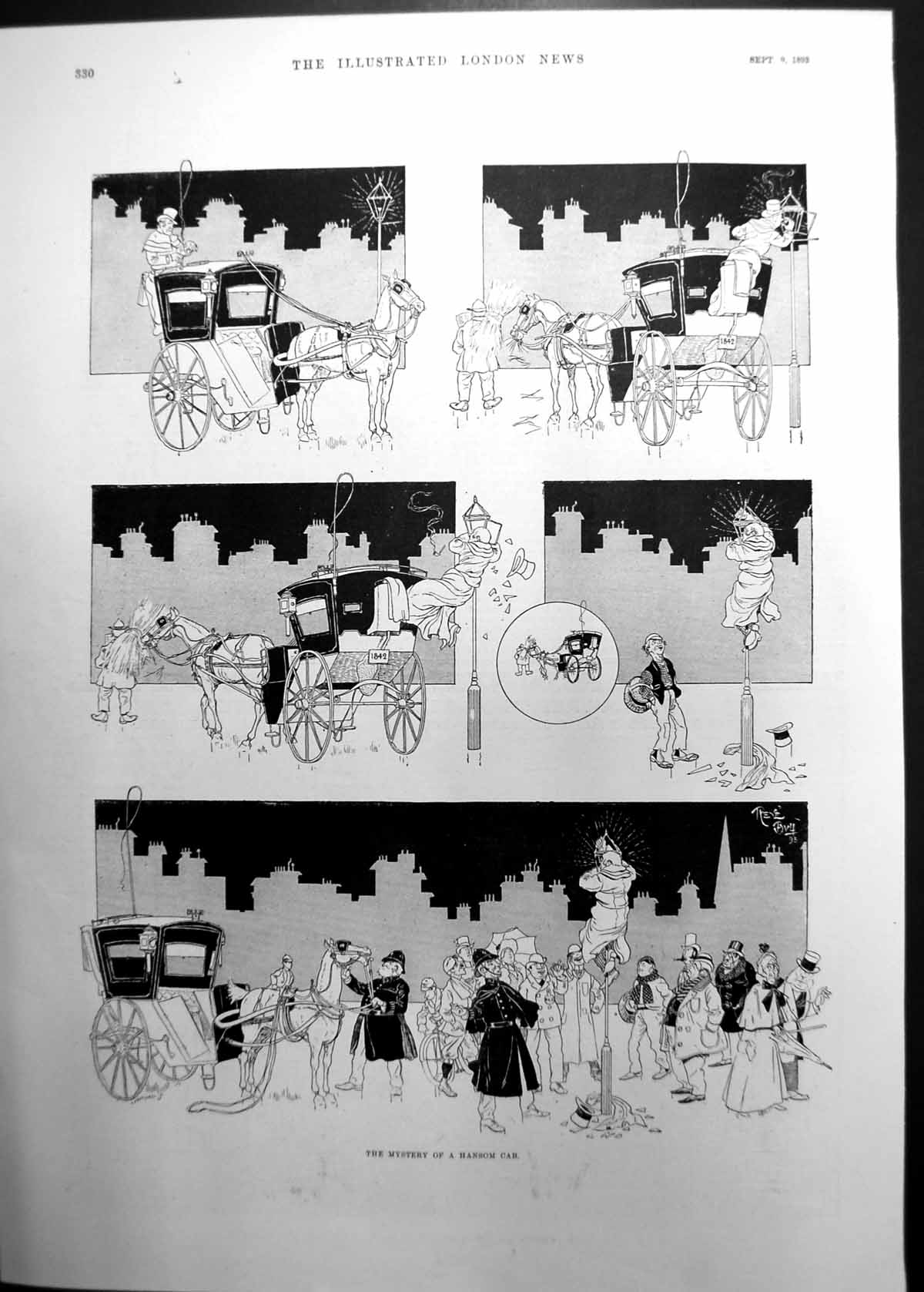 Original Old Antique Print Mystery A Hansom Cab Comic Sketch 1893 Victorian