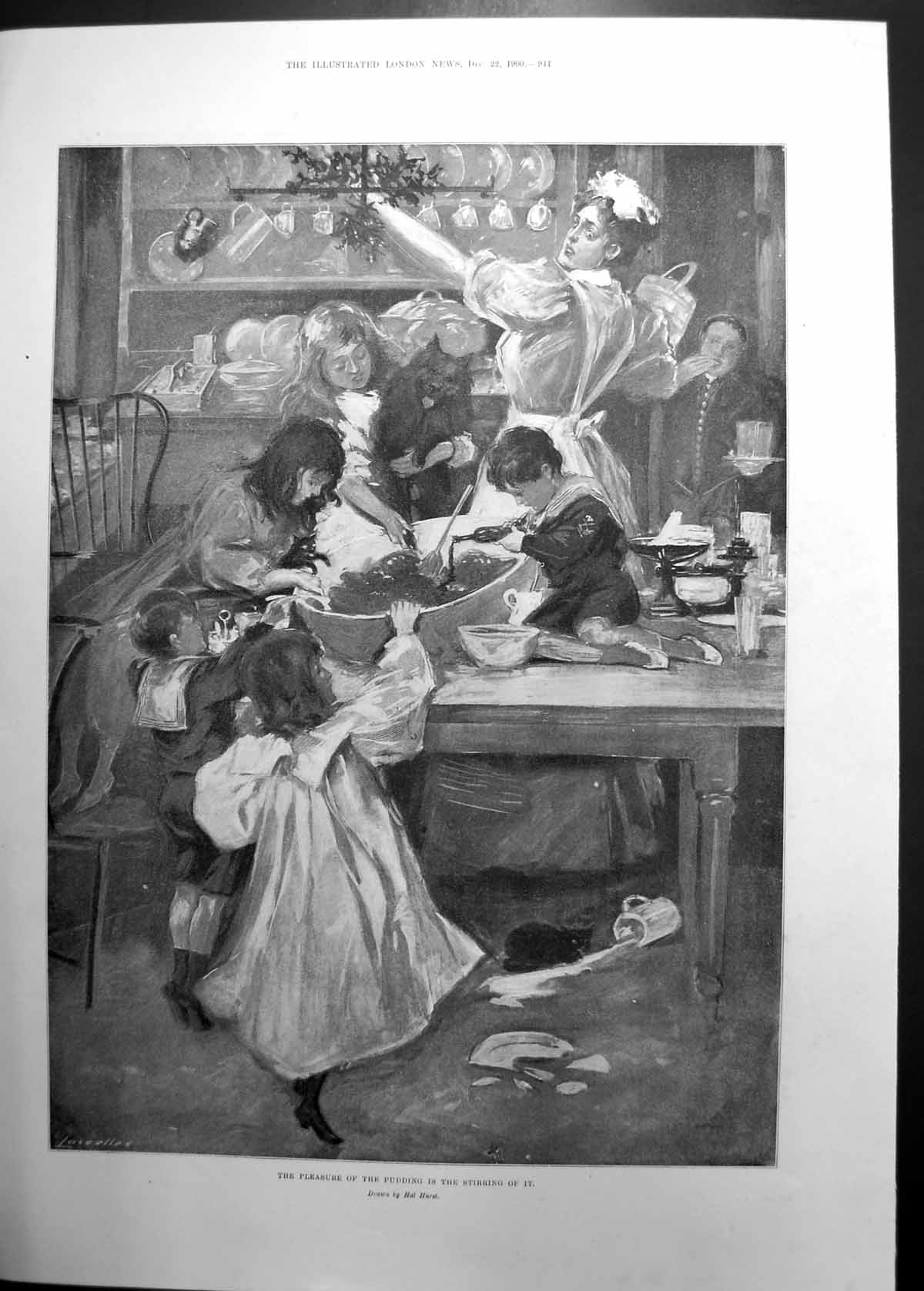 Original Old Antique Print Pleasure Pudding Is Stirring It Hal Hurst 1900 20th