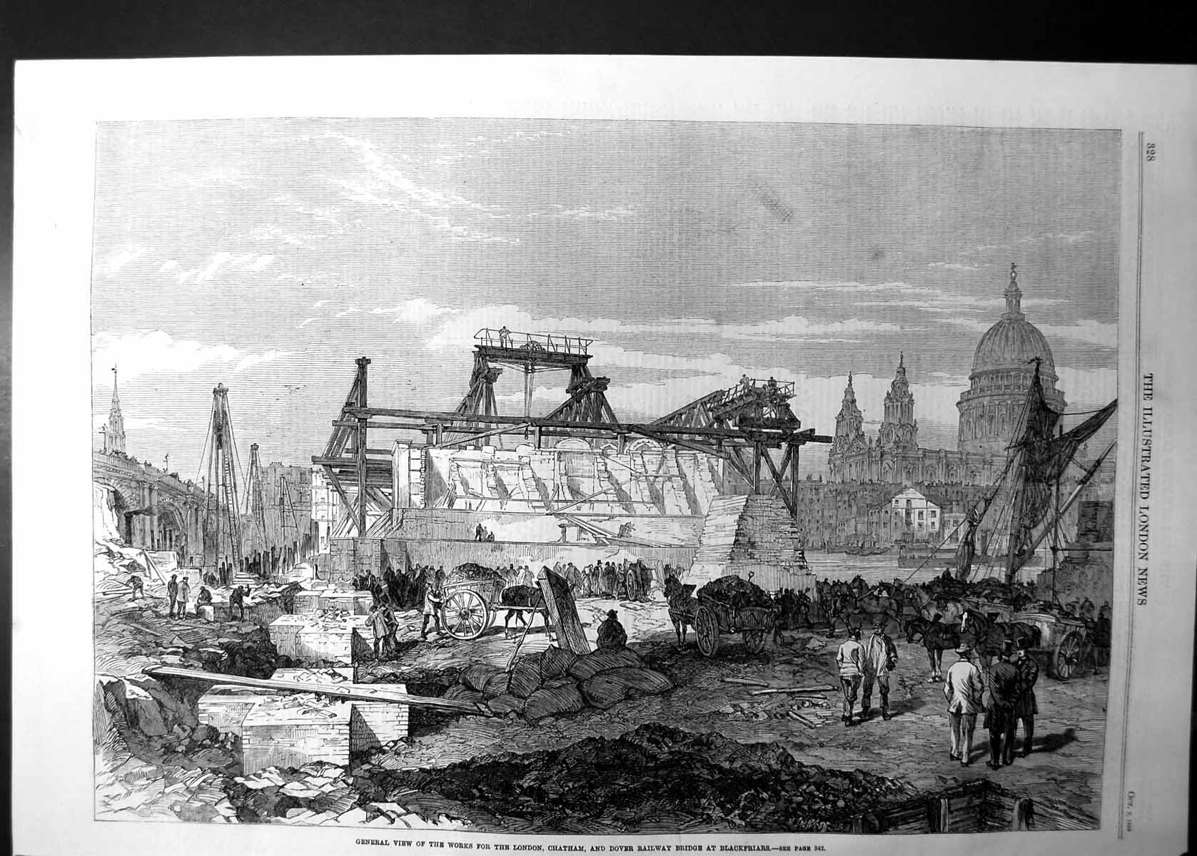 Antique Old Print Works London Chatham Dover Railway Bridge Blackfriars 1863