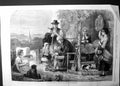 Antique Old Print Autumn A Hunt Harvest Schene Family Dog Horses Church 1863