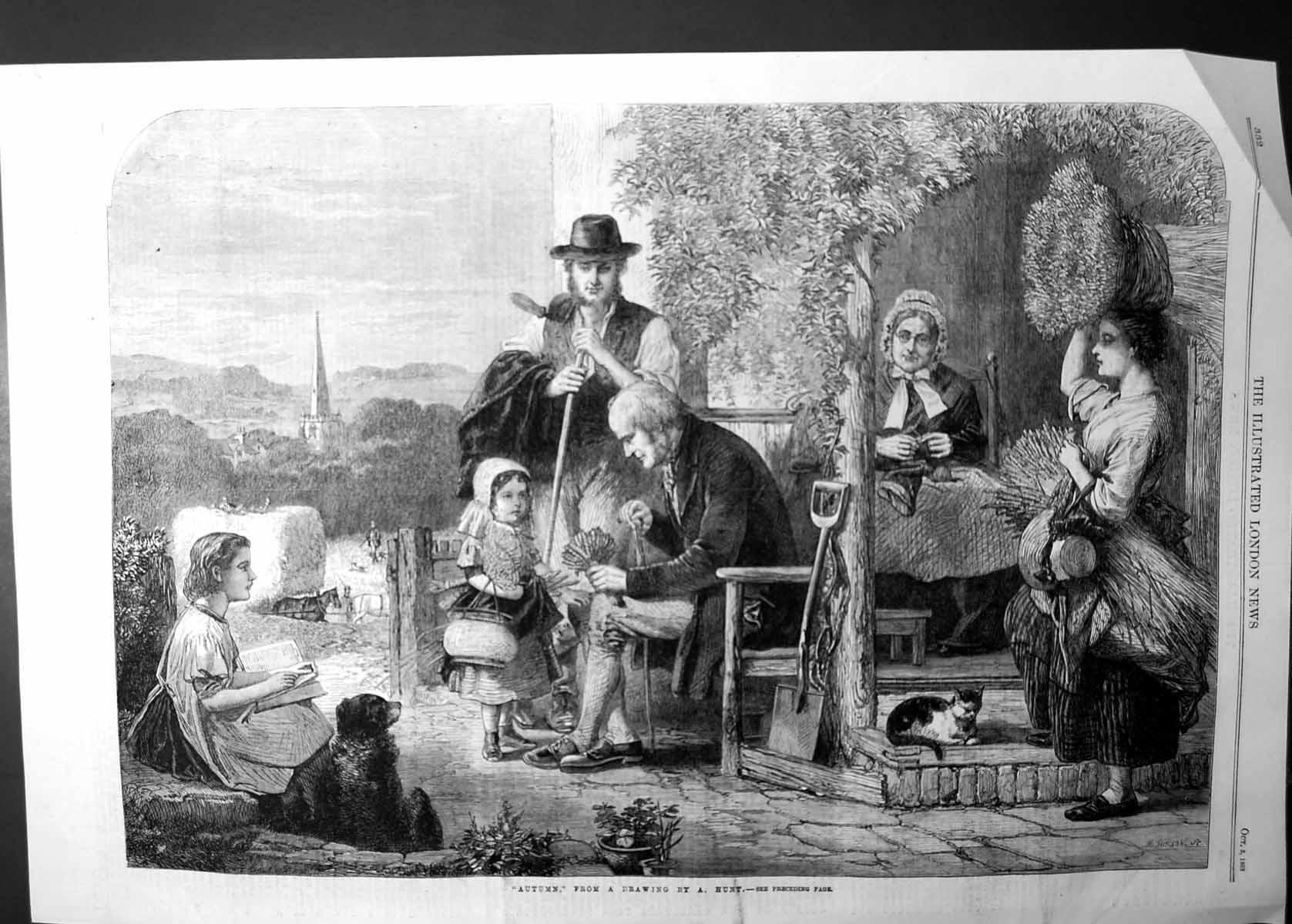 Antique Old Print Autumn A Hunt Harvest Schene Family Dog Horses Church 1863