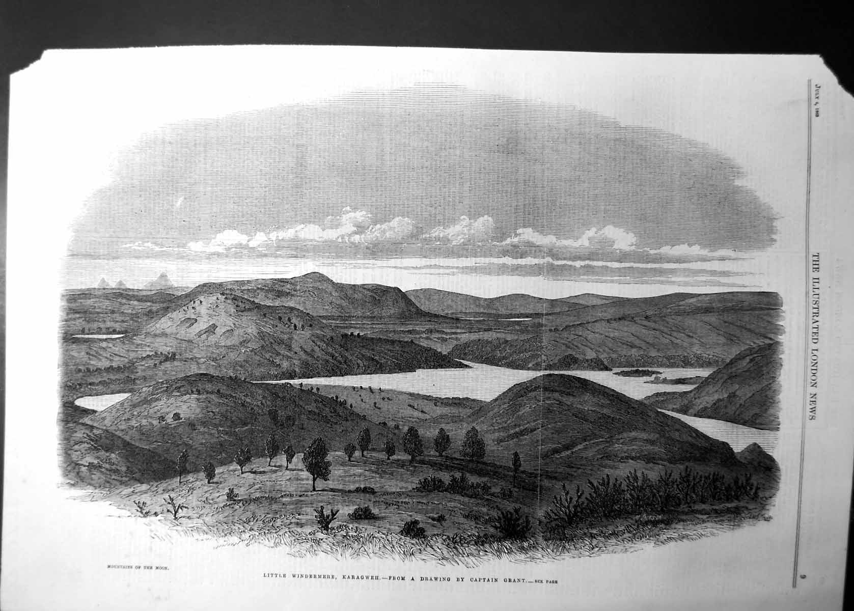 Old Antique Print Little Windermere Karagweh Drawn By Captain Grant 1863 19th