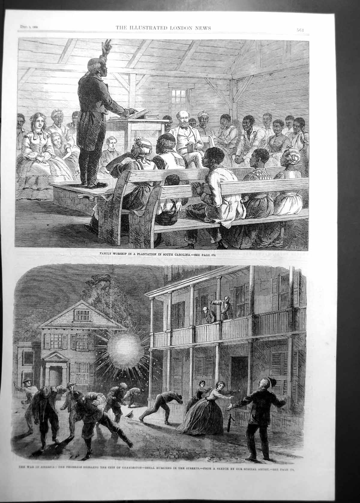 Antique Old Print Worship Plantation South Carolina Shelling Charleston 1863