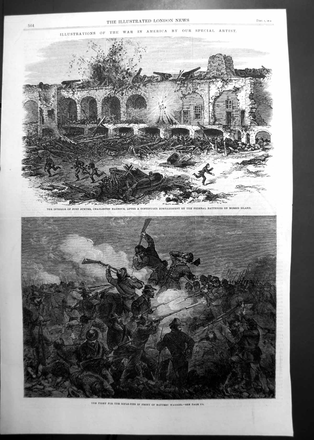 Antique Old Print Bombardment Charleston Harbour Rifle Pits Fight Wagner 1863