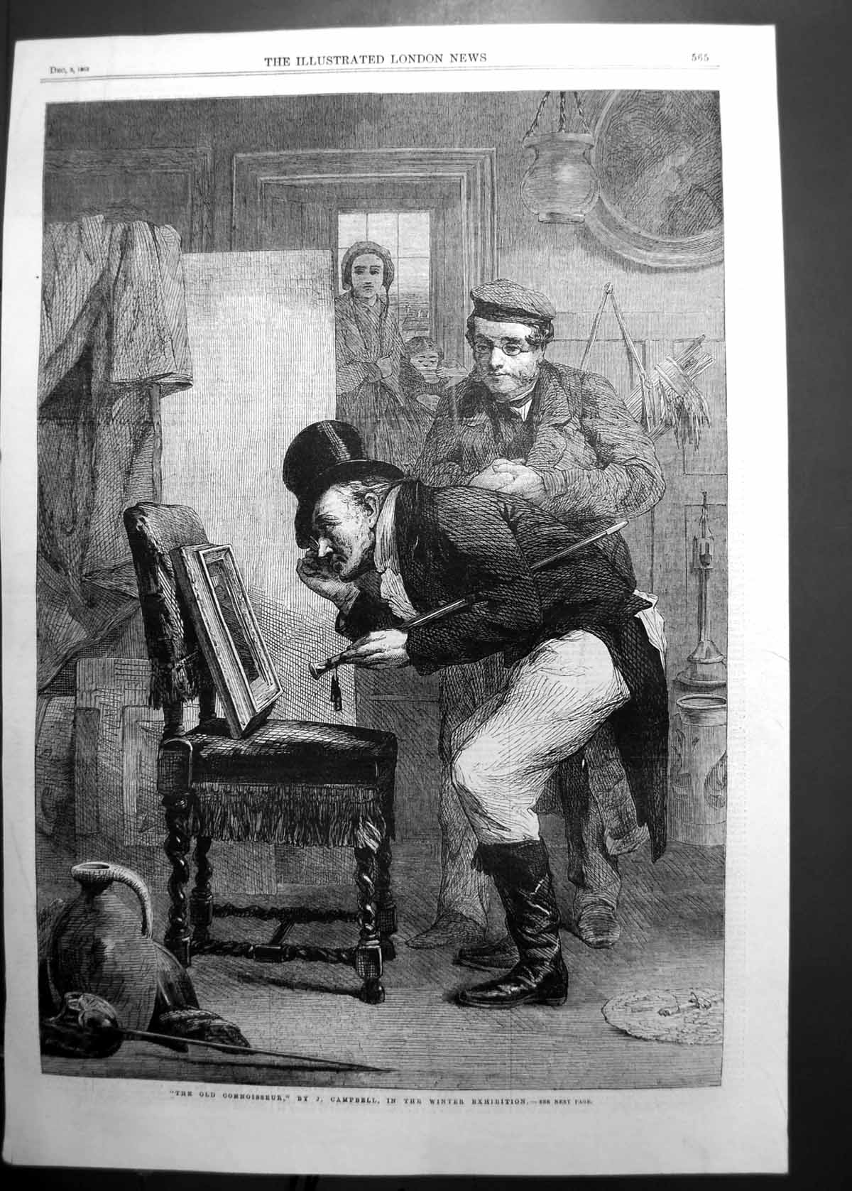 Original Old Antique Print Connoisseur By J Campbell Winter Exhibition 1863