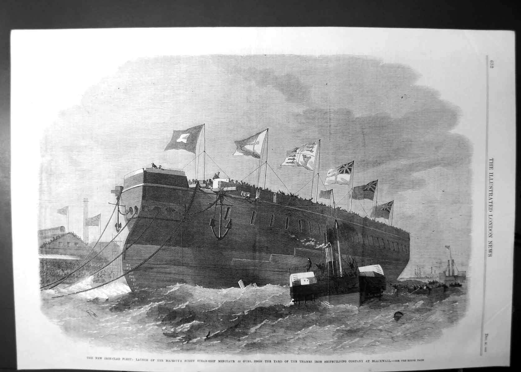 Old Launch H M Screw Steamship Minotaur Thames Ship Co Bkackwall 1863 Victorian