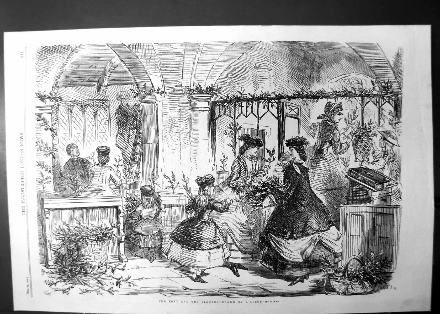Original Old Antique Print Font & Flowers Drawn By J Leech 1860 19th