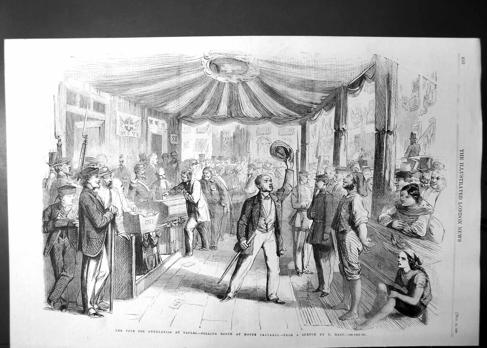 Antique Print Vote For Annexation Naples Polling Booth Monte Calvario 1860 19th