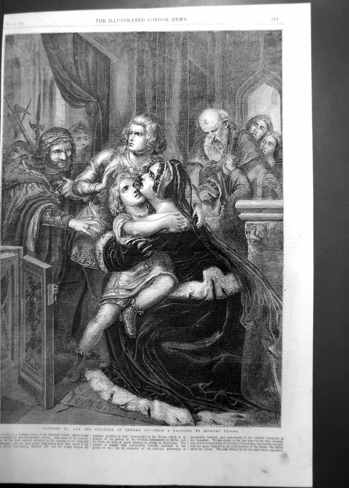 Original Old Antique Print Richard Iii &Children Edward Iv Richard Stilke 1860