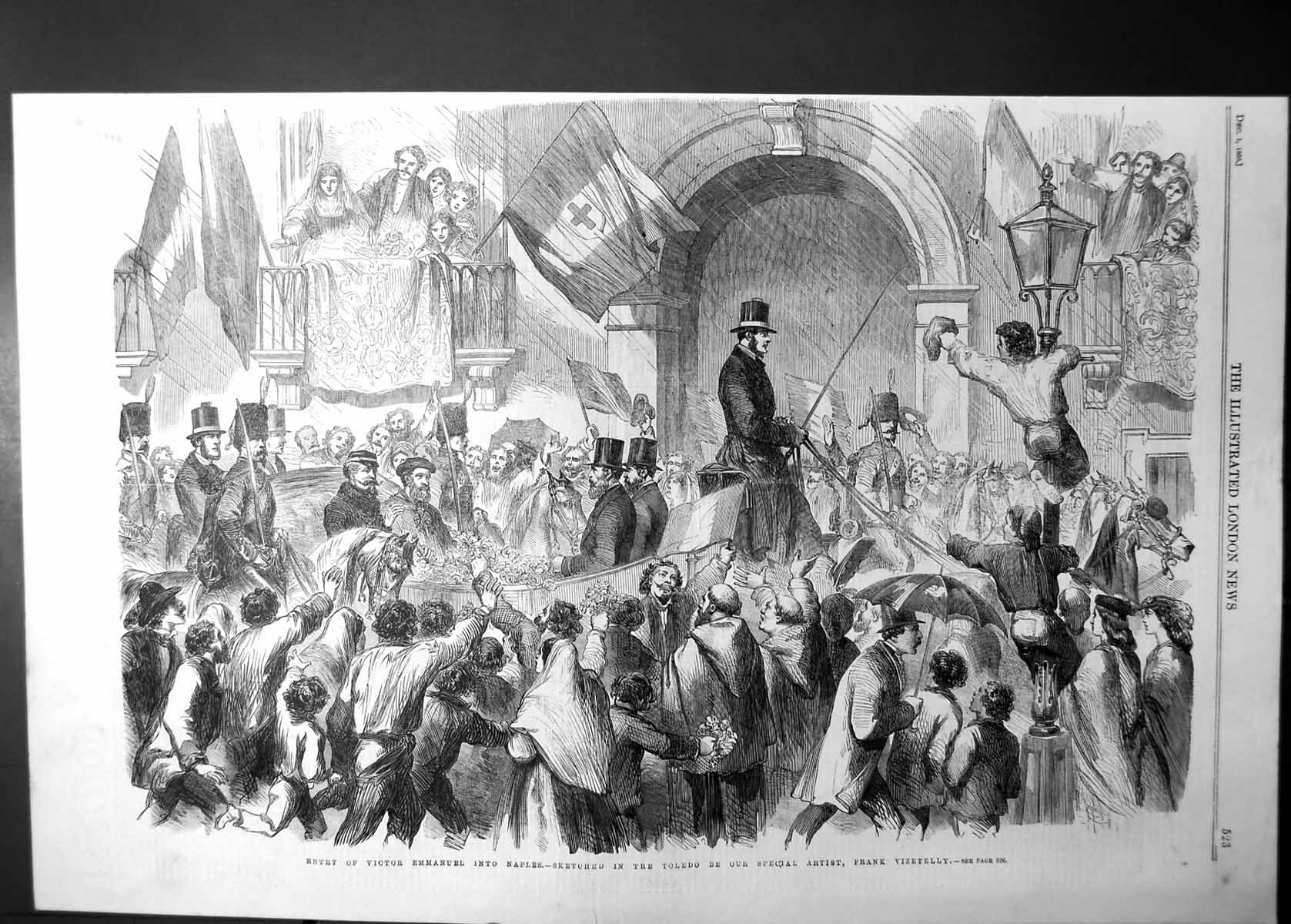 Original Old Antique Print Victor Emmanuel Entering Naples Frank Vizetelly 1860