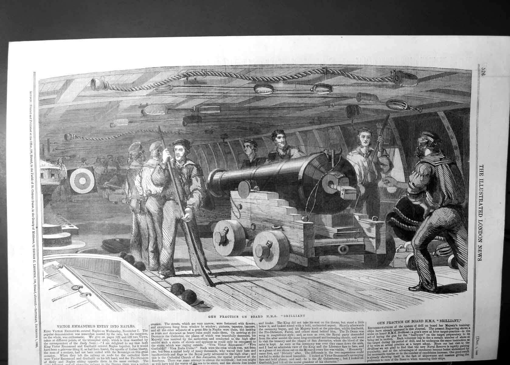 Original Old Antique Print Gun Practice On Board Hms Brilliant 1860 Victorian