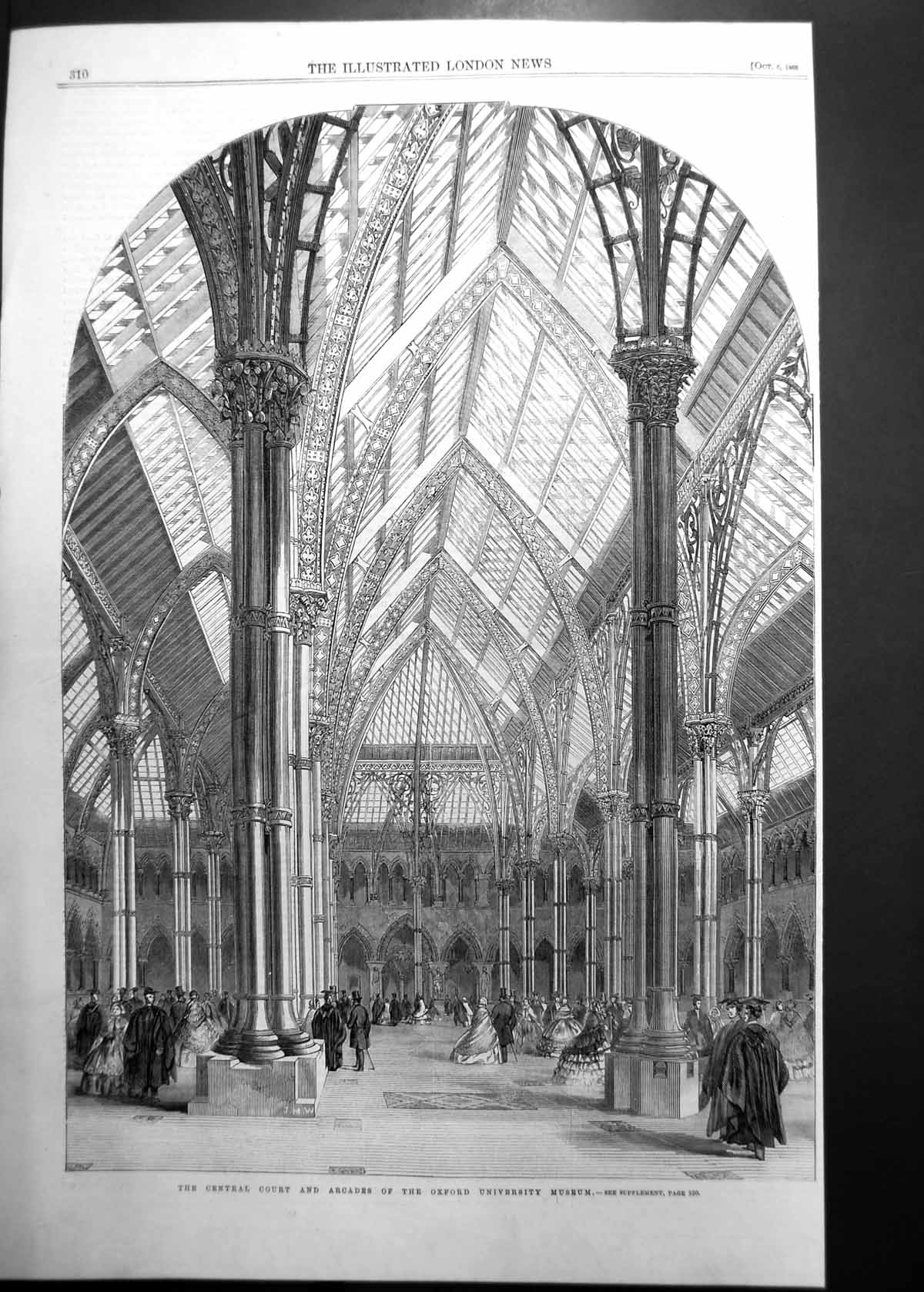 Original Old Antique Print Central Court Arcades Oxford University Museum 1860