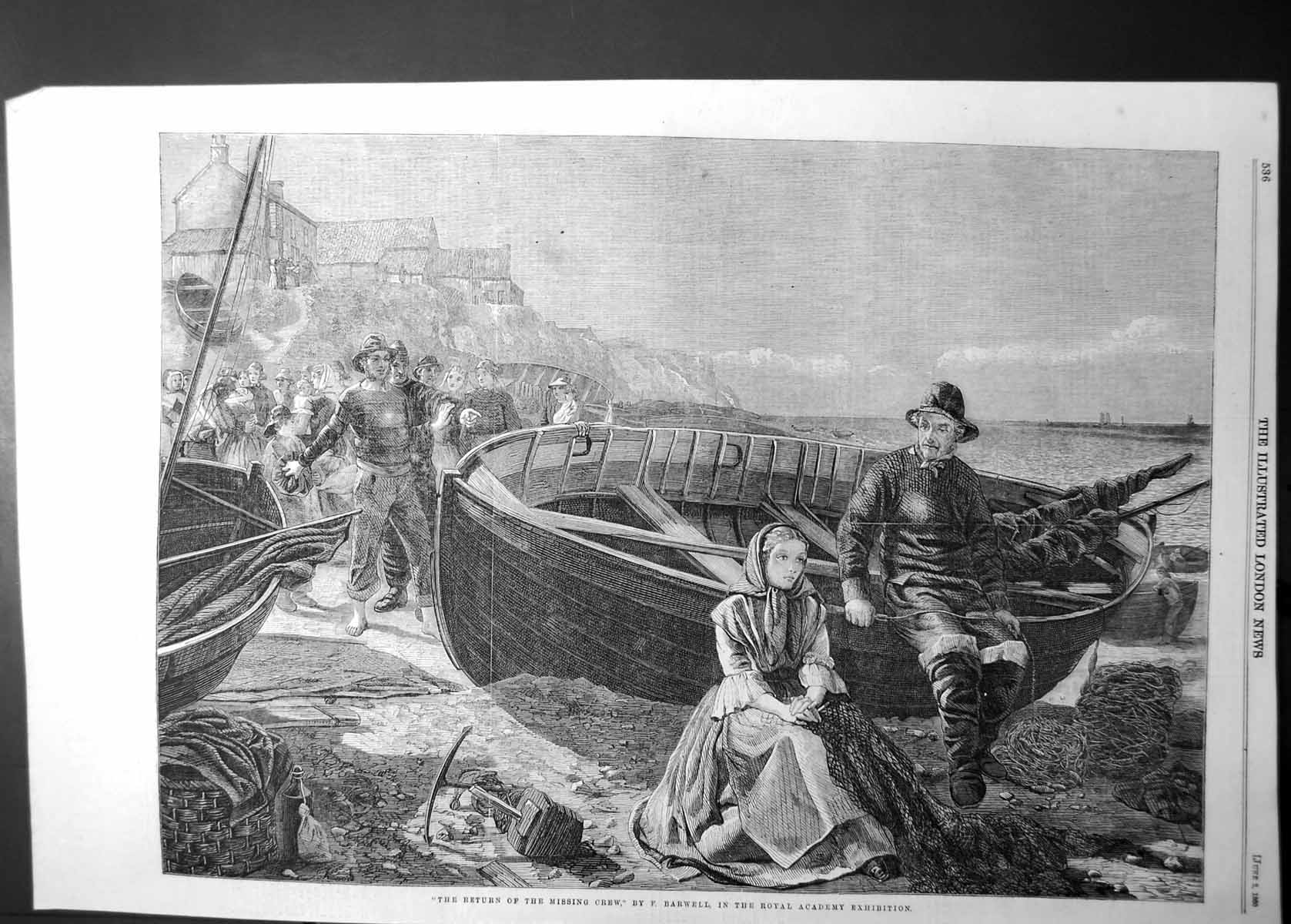 Original Old Antique Print Return Missing Crew F Barwell 1860 19th