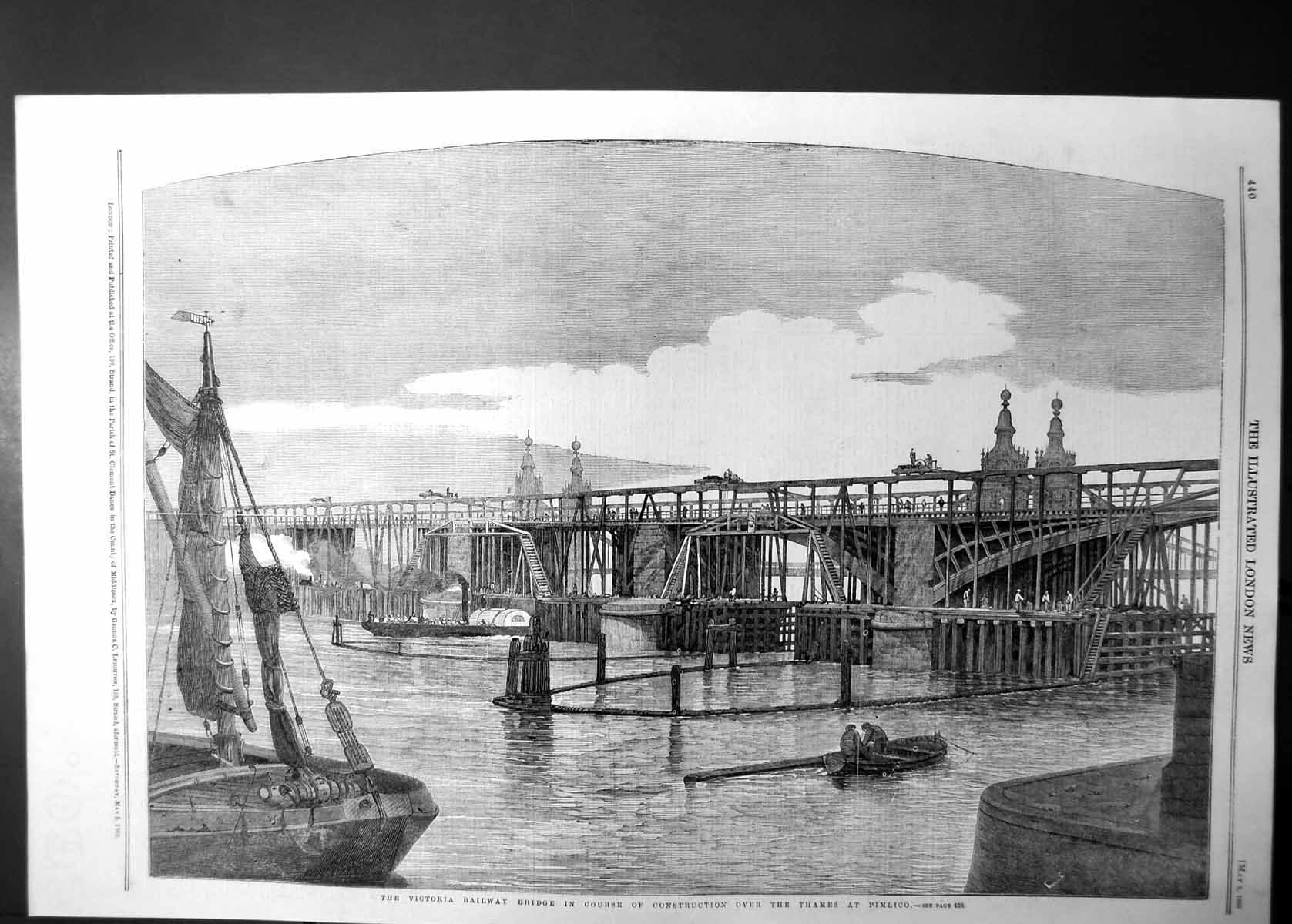 Antique Old Print Construction Victoria Railway Bridge Pimlico Thames 1860 19th
