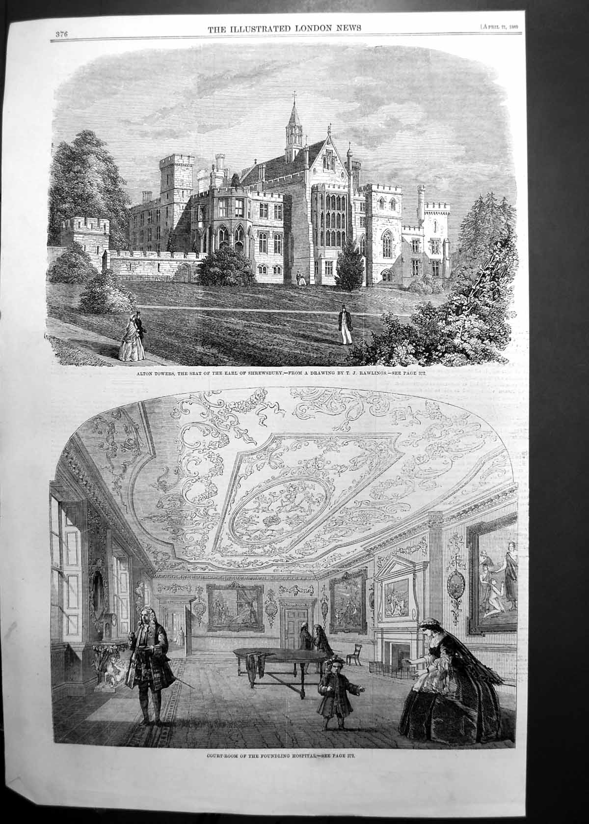 Original Old Antique Print Alton Towers Earl Shrewsbury Foundling Hospital 1860