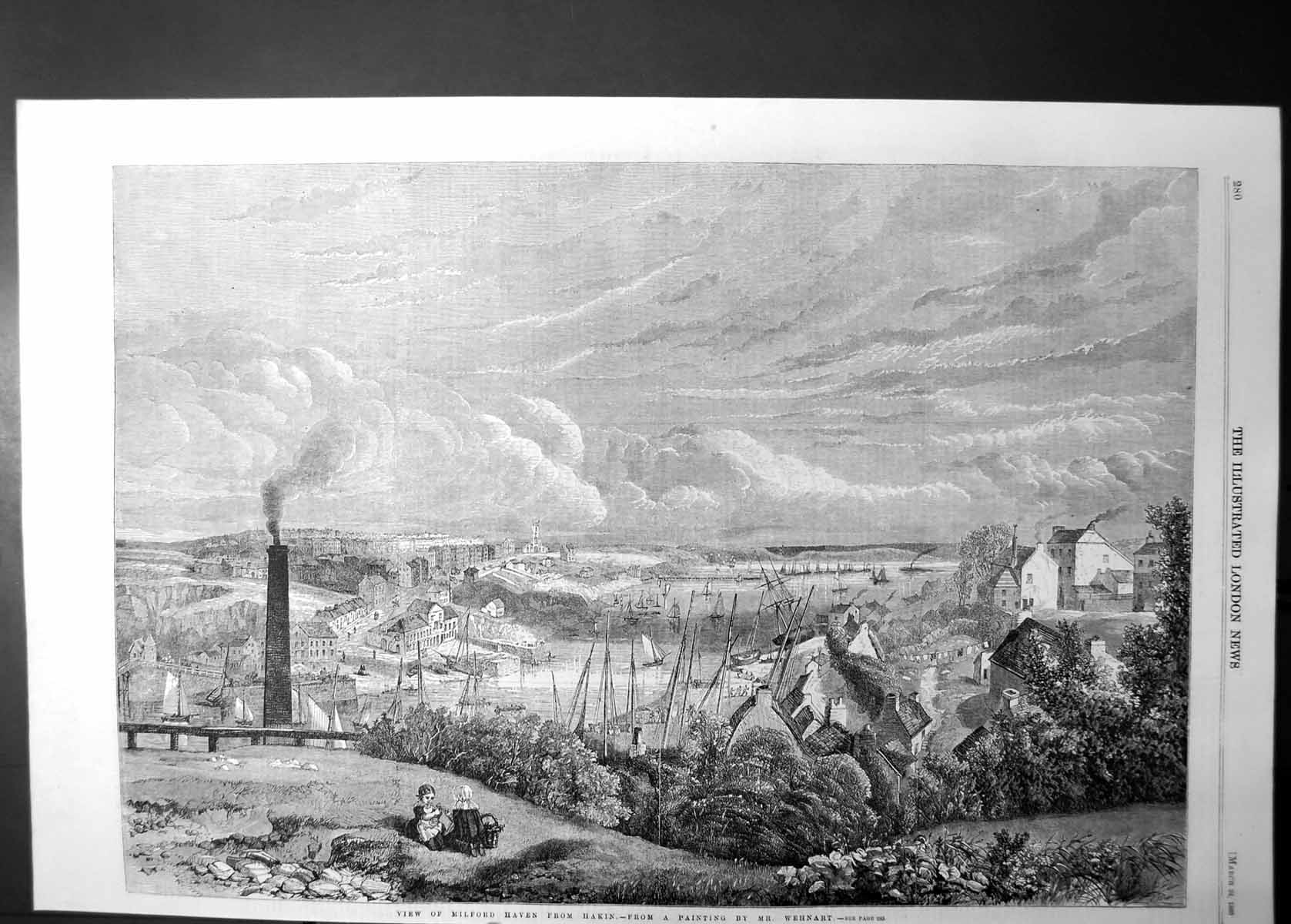 Original Old Antique Print Milford Haven From Hakin By Mr Wehnart 1860 19th