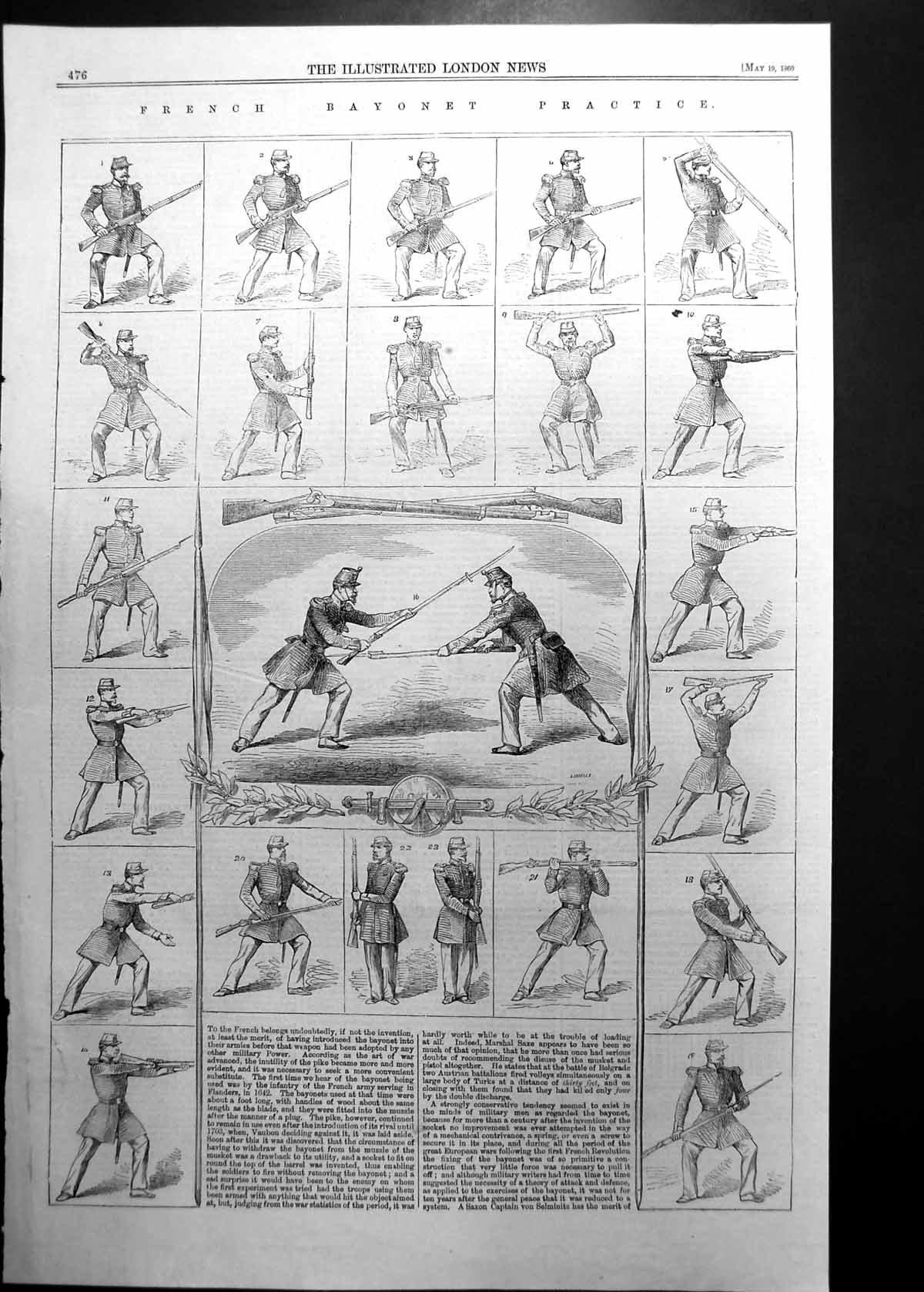 Original Old Antique Print Sketches French Bayonet Practice 1860 19th