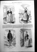 Original Old Antique Print Danish Costumes Bridal Sunday Holiday Dresses 1857