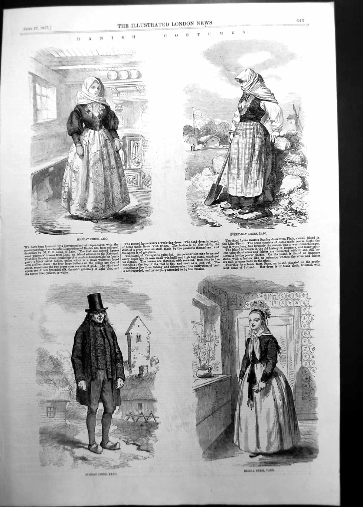 Original Old Antique Print Danish Costumes Bridal Sunday Holiday Dresses 1857