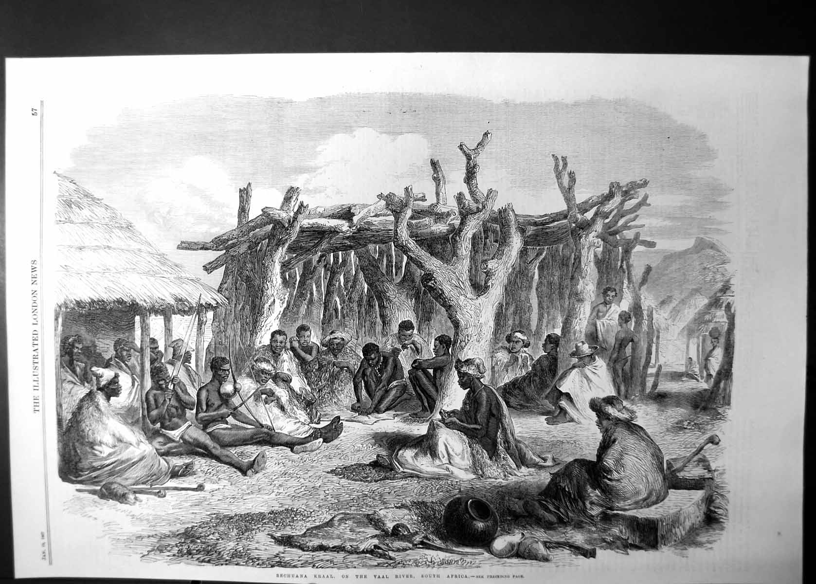 Original Old Antique Print Bechuana Kraal On Vaal River South Africa 1867 19th