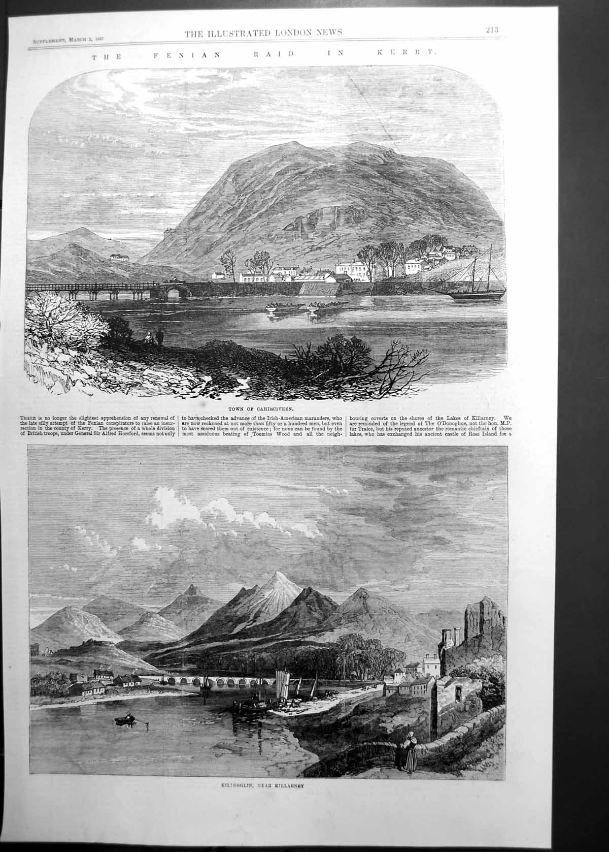 Original Old Antique Print Town Cahirciveen Killorglin Near Killarney 1867 19th