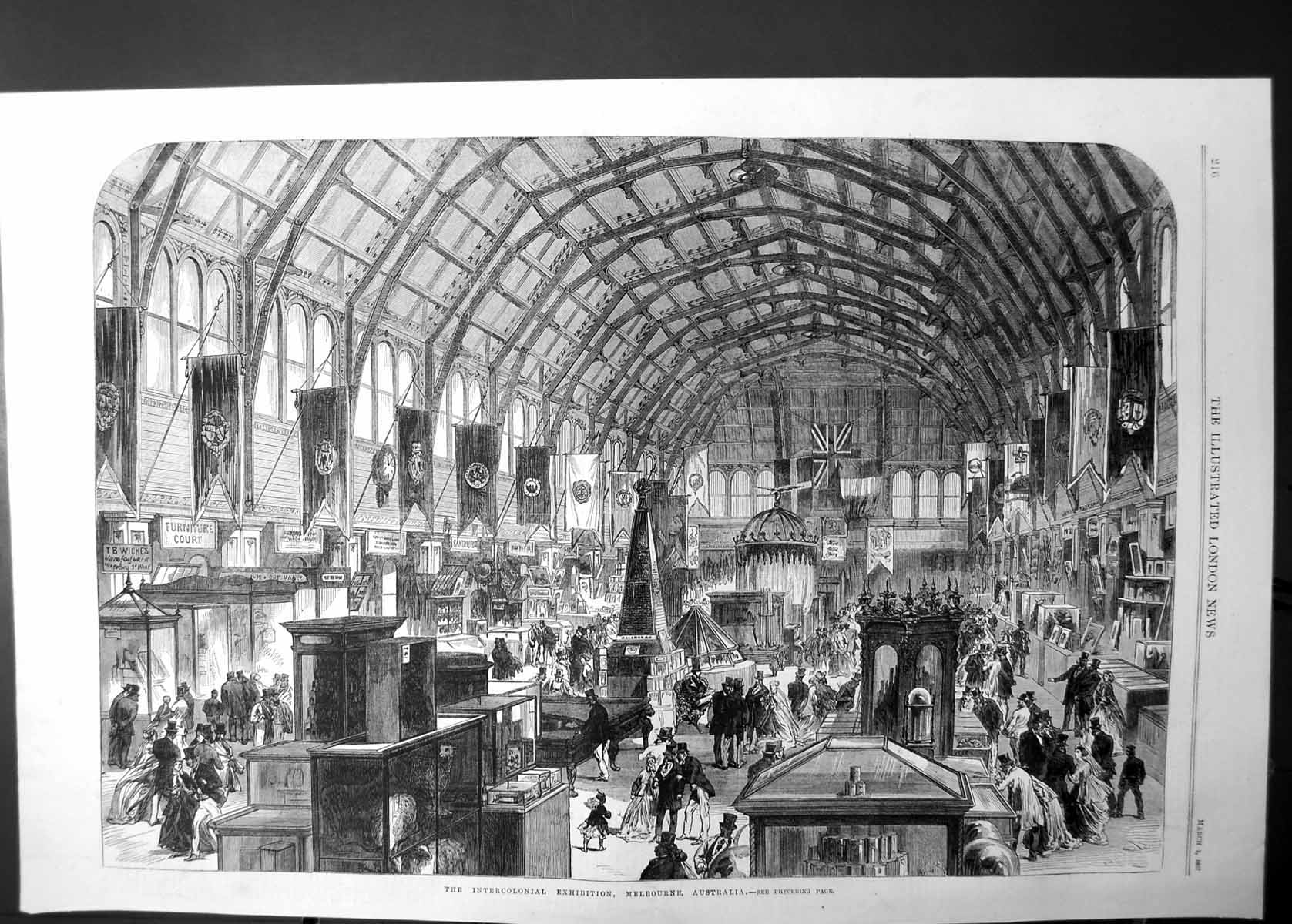 Original Old Antique Print Intercolonial Exhibition Melbourne Australia 1867