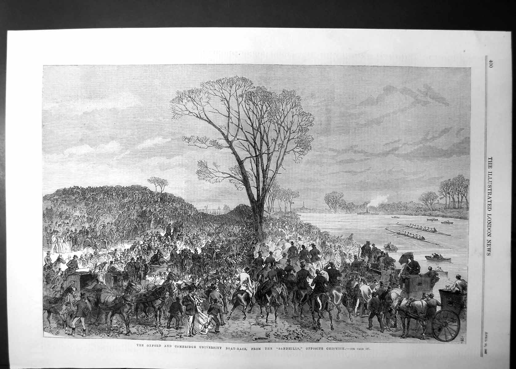 Original Old Antique Print Oxford Cambridge University Boat Race Chiswick 1867