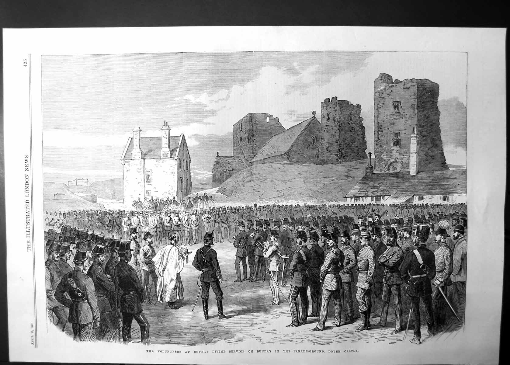 Old Antique Print Divine Sunday Service Parade Ground Dover Castle 1867 19th