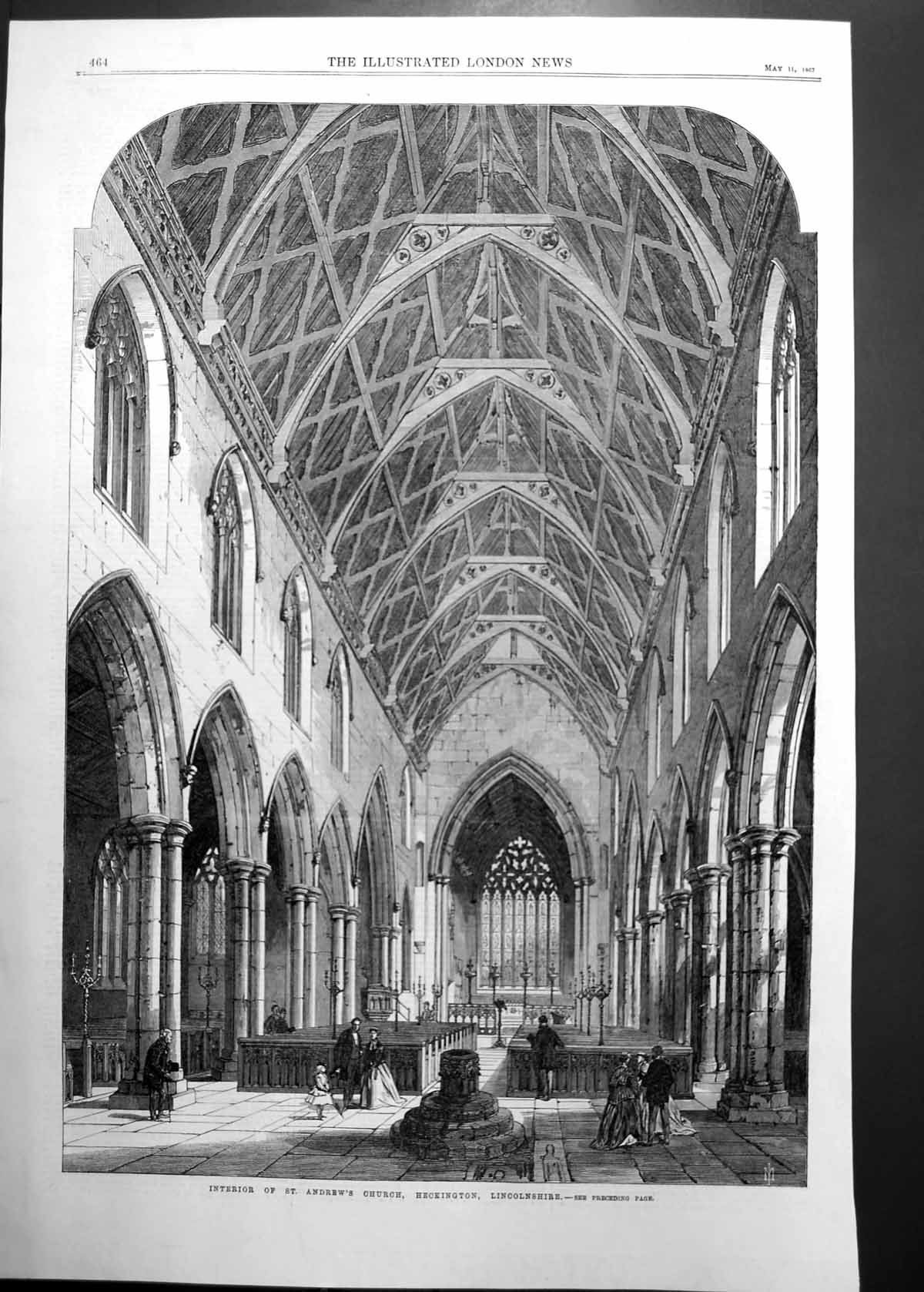 Old Antique Print Interior St Andrews Church Heckington Lincolnshire 1867 19th