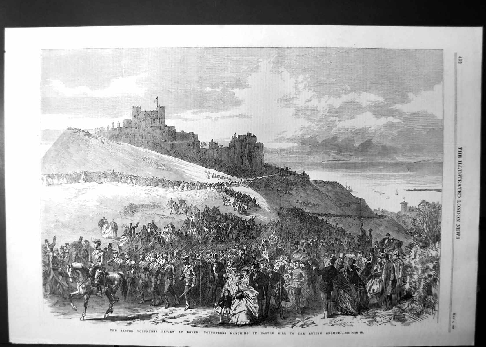 Old Antique Print Volunteers Marching Castle Hill To Review Ground 1867 19th