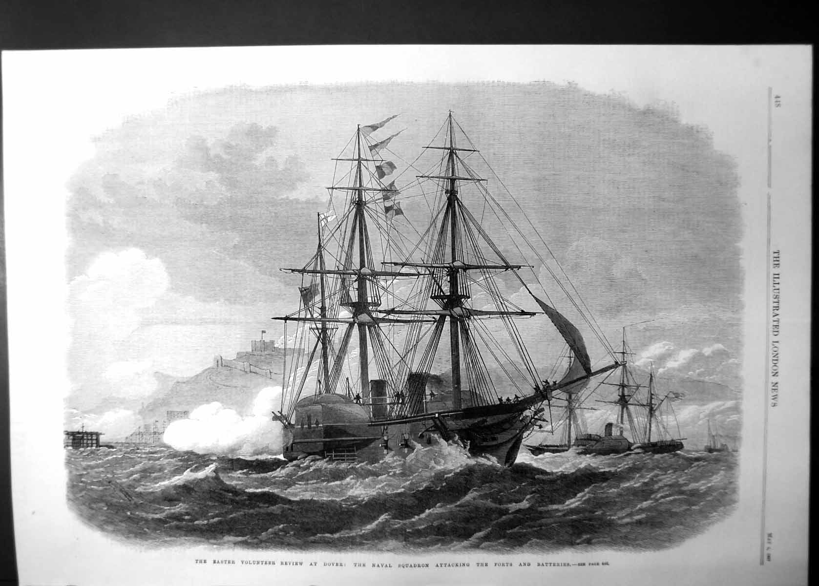 Old Antique Print Naval Squadron Attacking Forts Easter Review Dover 1867 19th