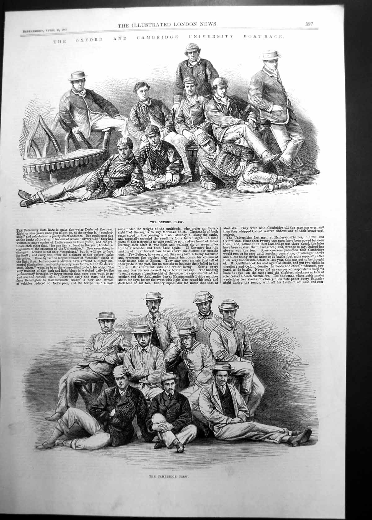 Original Old Antique Print Oxford Cambridge University Boatrace Crews 1867 19th