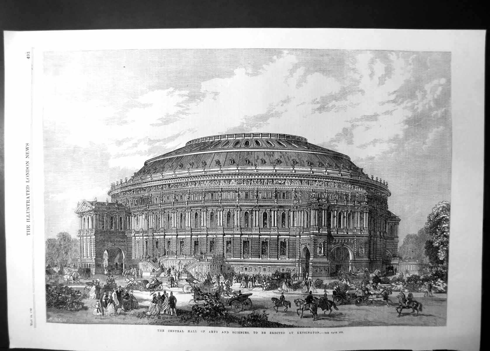 Antique Old Print Central Hall Arts Sciences To Be Erected Kensington 1867 19th