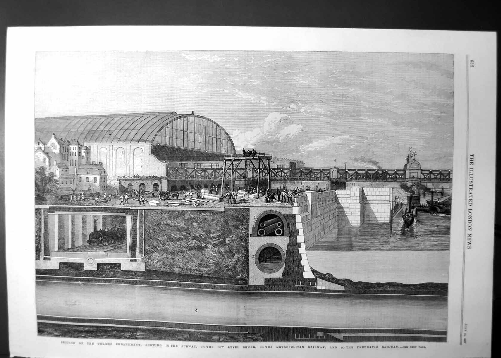 Old Antique Print Thames Embankment Subway Sewer Pneumatic Railway 1867 19th