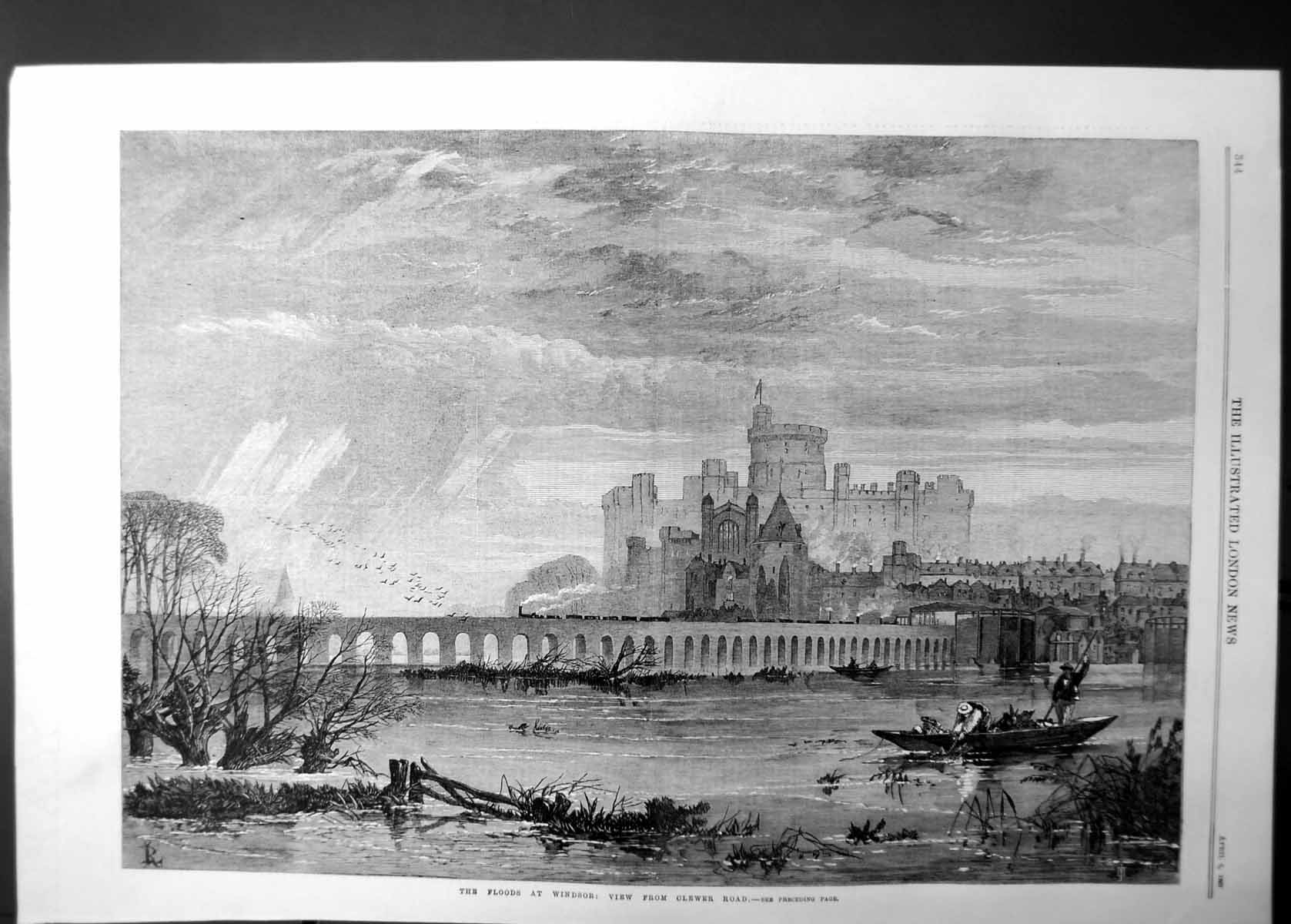Original Old Antique Print Floods At Windsor Seen From Clewer Road 1867 19th