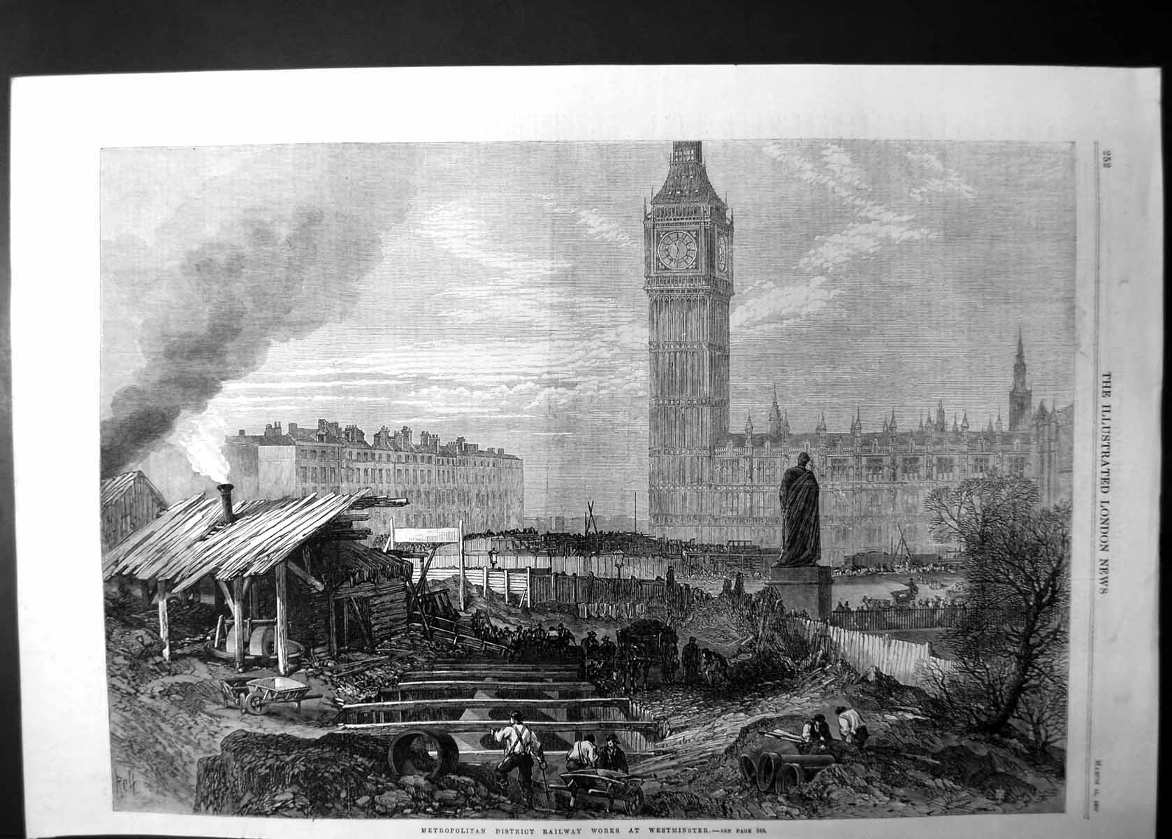 Original Old Antique Print Metropolitan District Railway Works Westminster 1867
