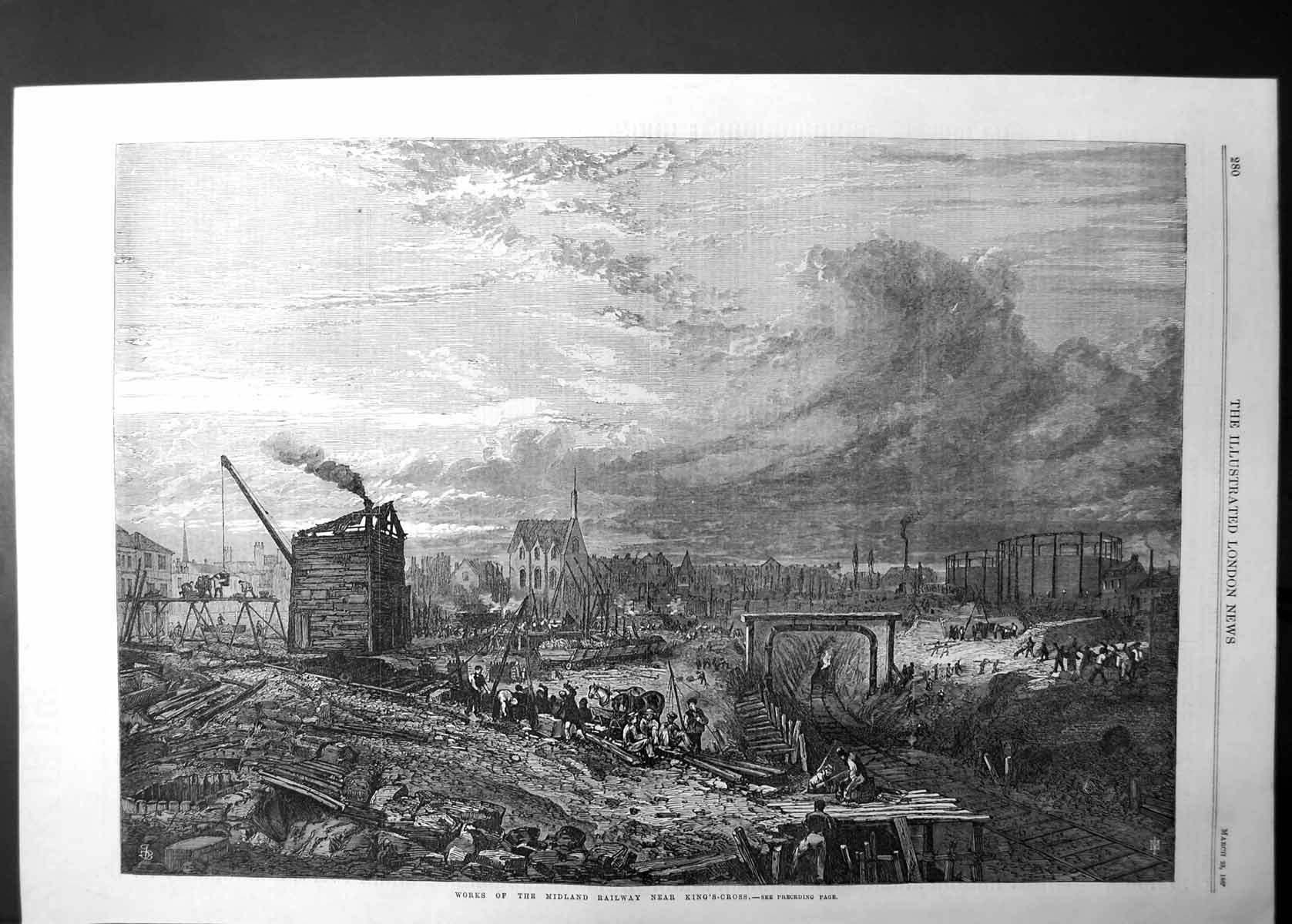 Original Old Antique Print Works Midland Railway Near Kings Cross 1867 19th