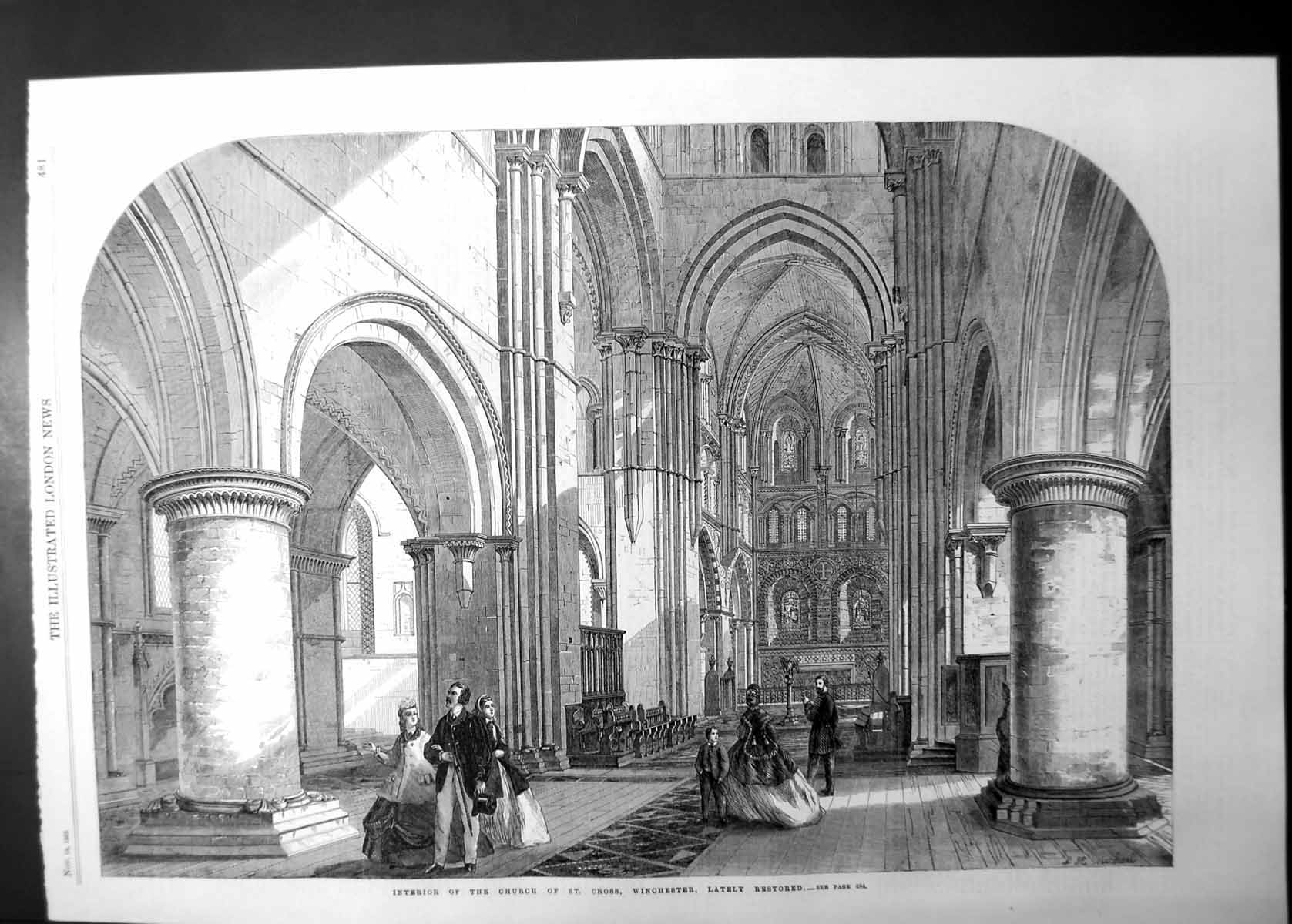 Original Old Antique Print Interior Church St Cross Winchester Restored 1865