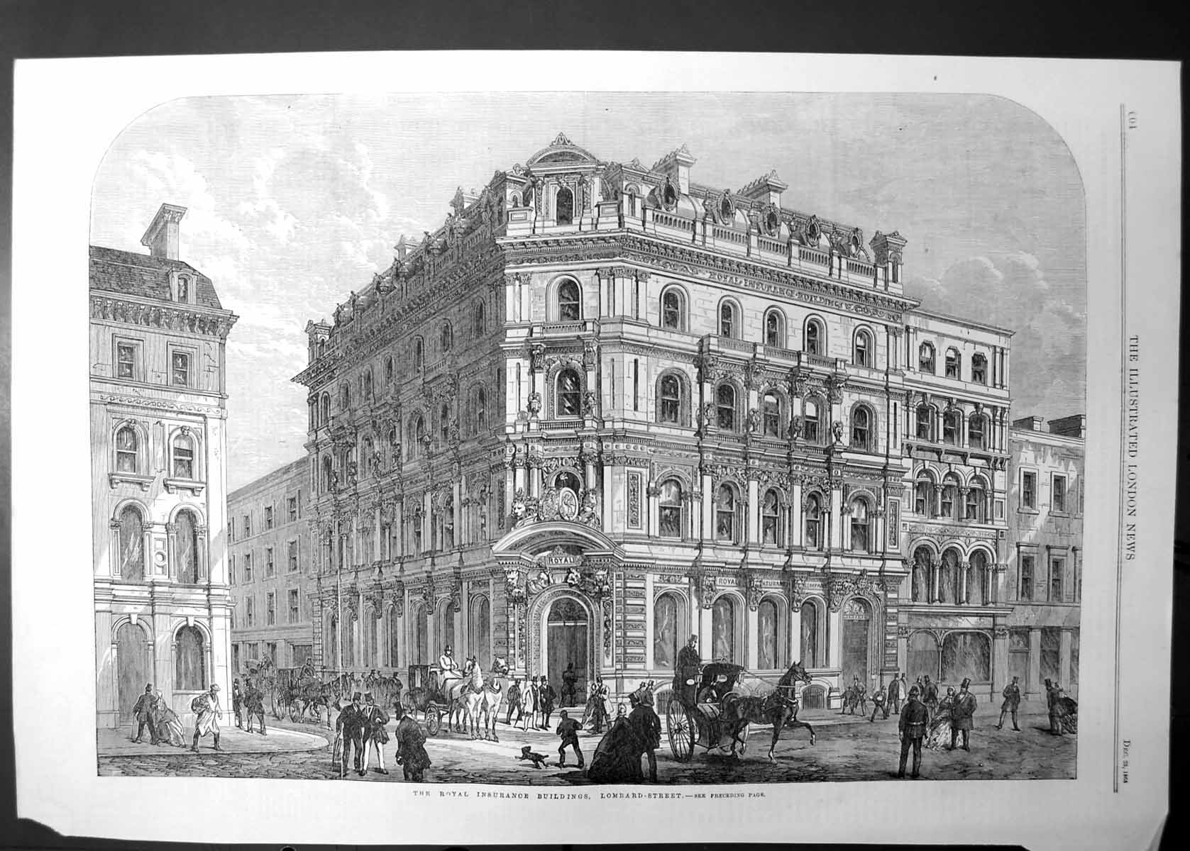 Original Old Antique Print Royal Insurance Buildings Lombard Street 1865 19th