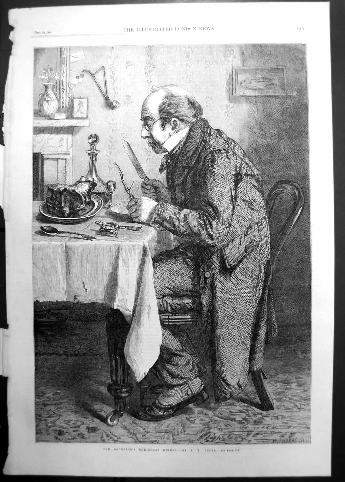 Original Old Antique Print Bachelors Christmas Dinner By J P Lucas 1865 19th