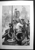 Original Old Antique Print Danger Fishermen In Boat High Seas 1890 Victorian