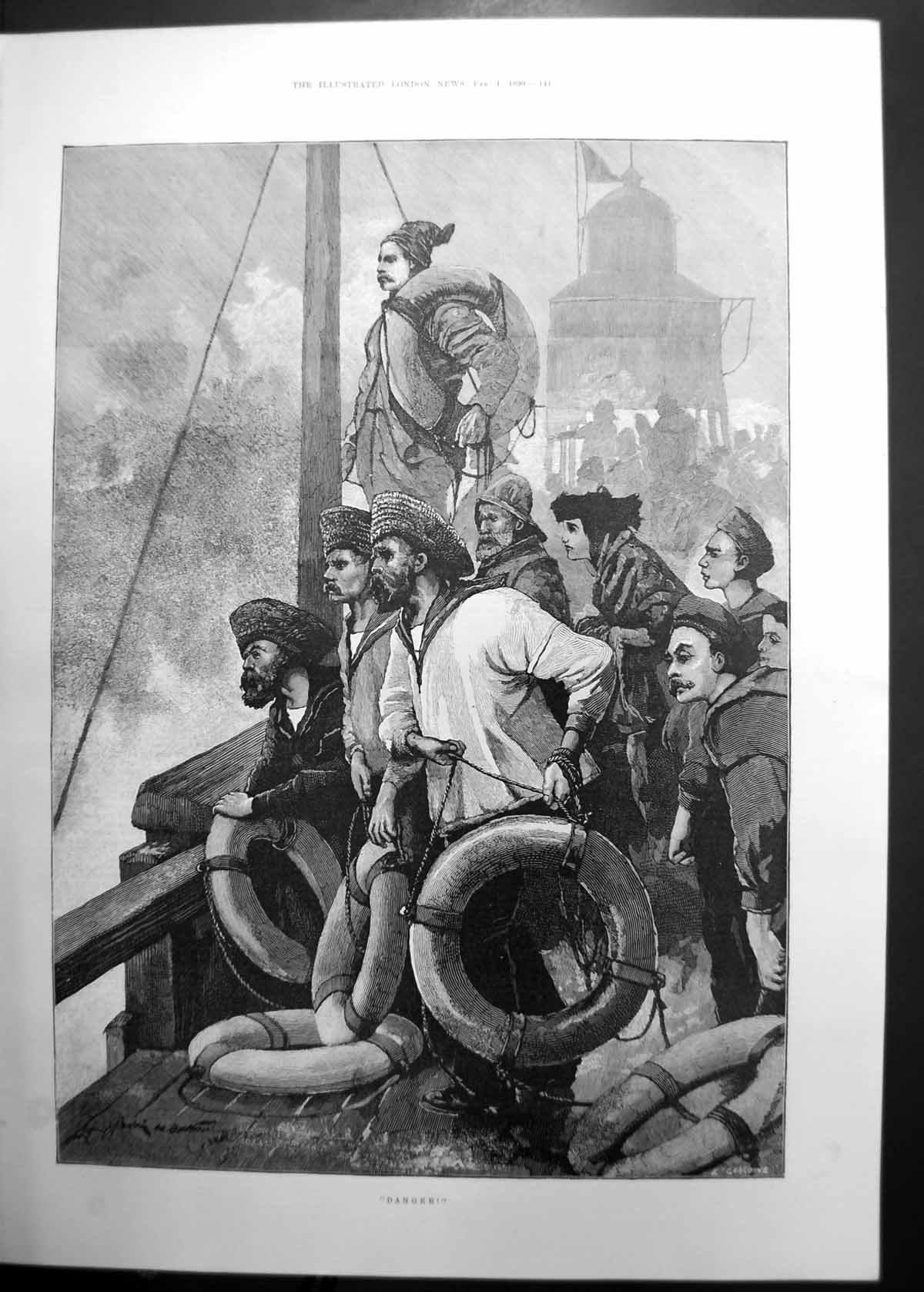 Original Old Antique Print Danger Fishermen In Boat High Seas 1890 Victorian