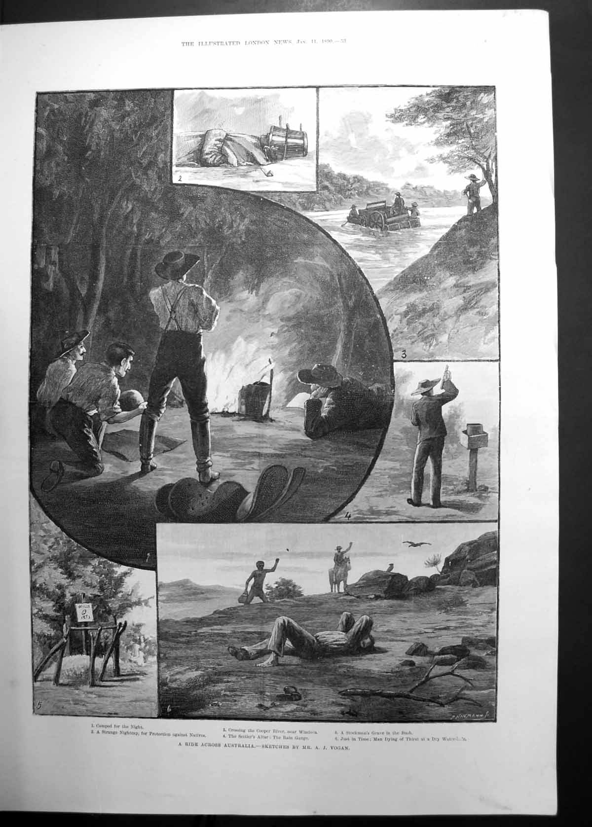 Original Old Antique Print Ride Across America Aj Vogan Cooper River Camp 1890