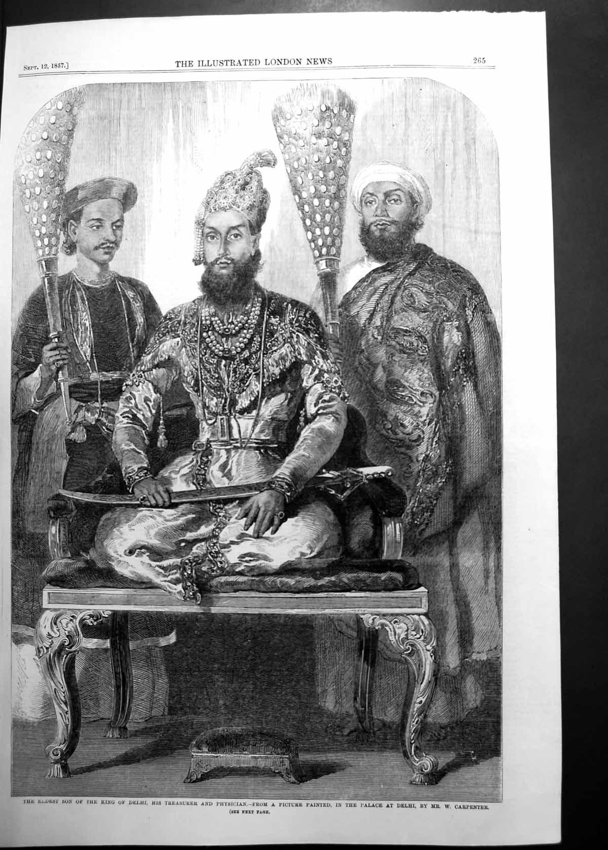 Original Old Antique Print Eldest Son King Delhi His Treasurer & Physician 1857